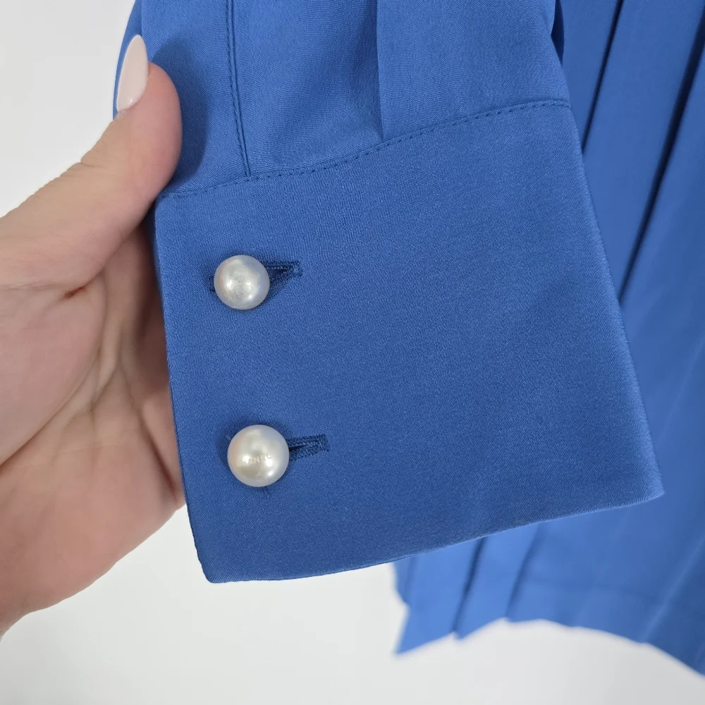 Chanel Blue Pleated Silk Shirt Pearl Buttons Size 46 US 10
